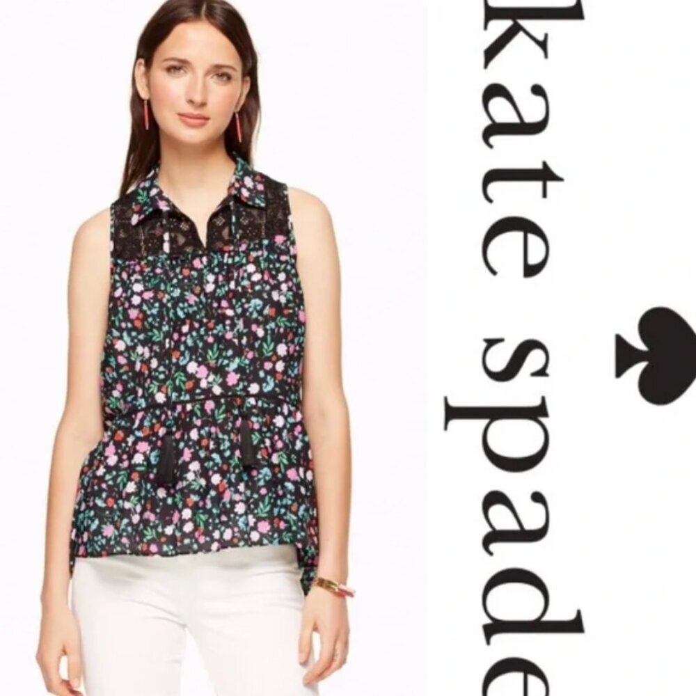 Kate Spade Sleeveless Blouse Greenhouse Floral Lace Yoke Top Black New Small